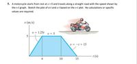 5. A motorcycle starts from rest at s = 0 and travels along a straight road with the speed shown by
the v-t graph. Sketch the plot of a-t and s-t based on the v-t plot. No calculations or specific
values are required.
v (m/s)
v = 1.25t
v = 5
v = -t + 15
t (s)
10
15
4.
