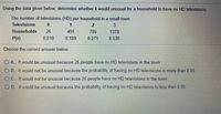 **Using the data given below, determine whether it would be unusual for a household to have no HD televisions.**

| The number of televisions (HD) per household in a small town |
|:-----------|:----|:----|:----|:----|
| **Televisions** | 0 | 1 | 2 | 3 |
| **Households** | 26 | 491 | 705 | 1378 |
| **P(x)** | 0.010 | 0.189 | 0.271 | 0.530 |

**Choose the correct answer below:**

- **A.** It would be unusual because 26 people have no HD televisions in the town.
- **B.** It would not be unusual because the probability of having no HD televisions is more than 0.05.
- **C.** It would not be unusual because 26 people have no HD televisions in the town.
- **D.** It would be unusual because the probability of having no HD televisions is less than 0.05.