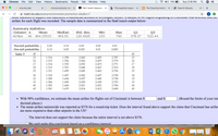 Chrome
File
Edit
View
History Bookmarks
Реople
Tab
Window
Help
)) 75%
Sun 2:16 PM
one.nku.edu
Announcements: Indu X
NKU Imath Assessme X
b This question requires X
C The Cleaning Institute x
Search Marquis
x +
imath.nku.edu/assessment/showtest.php?action=skip&to=7
a
SOIIC SlatistIcs LU SUPPOIT IIIS SlATCIICIIl, a StatiISTICIAll UCCIUcu LU IIVCStigaio TuI ICI, A Sallipic UI T0 IIiglis OIigllatillg III CIIC Mati yy AS SCICUICU, allu NC
airfare for each flight was recorded. The sample data is summarized in the StatCrunch output below:
Summary statistics:
Column n
Mean
Median
Std. dev.
Min
Маx
Q1
378.37
Q3
Airfare
46 464.15515
459.50
126.4925
233
790
522.44
Two-tail probability
One-tail probability
0.20
0.10
0.05
0.02
0.01
0.10
0.05
0.025
0.01
0.005
Table T
df
df
25
1.316
1.708
2.060
2.485
2.787
25
26
1.315
1.706
2.056
2.479
2.779
26
27
1.314
1.703
2.052
2.473
2.771
27
28
1.313
1.701
2.048
2.467
2.763
28
29
1.311
1.699
2.045
2.462
2.756
29
30
1.310
1.697
2.042
2.457
2.750
30
32
1.309
1.694
2.037
2.449
2.738
32
35
1.306
1.690
2.030
2.438
2.725
35
40
1.303
1.684
2.021
2.423
2.704
40
45
1.301
1.679
2.014
2.412
2.690
45
• With 98% confidence, we estimate the mean airfare for flights out of Cincinnati is between $
decimal places.)
• The mean airfare nationwide was reported as $376 for a round-trip ticket. Does the interval found above support the claim that Cincinnati has airfar
are more expensive than other airports in the US?
and $
(Round the limits of your int=
The interval does not support the claim because the entire interval is not above $376.
We can't make this conclusion based on a confidence interval
TIIvacy
TC IS
38
OCT
? 25
?
?
W
•..
lil
