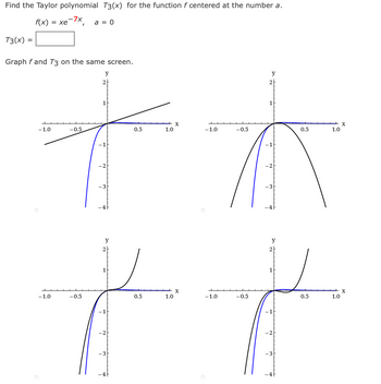 Find the Taylor polynomial T3(x) for the function f centered at the number a.
-7x
a = 0
T3(x)
=
f(x) = xe
Graph f and T3 on the same screen.
-1.0
I
-1.0
-0.5
-0.5
y
2
1
y
2
1
0.5
0.5
1.0
1.0
X
X
-1.0
- 1.0
-0.5
-0.5
y
2
1
-1
y
2
-1
-3
-4H
0.5
0.5
1.0
1.0
X
X