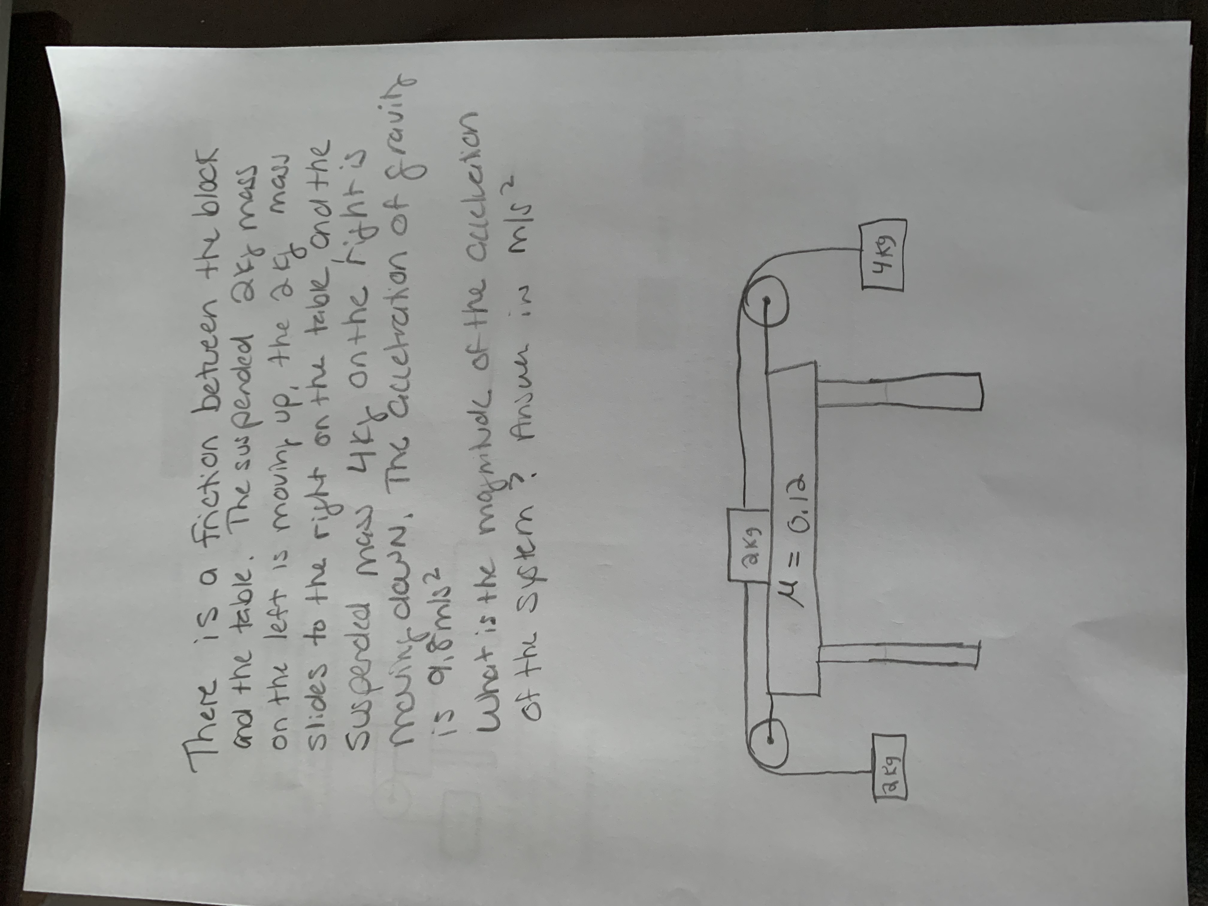 There is a friction betueen the block
on the left is moving up, the
Slides to the ritht on the table andthe
2¢ ma
ass
susperded maN 4kr On the ightis
maving dawN, The auetraion of fravily
What is the mamdc of the auckeion
Anjun in Ms2
akg
%3D
el'O =W
4K9
