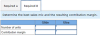 Required A
Required B
Determine the best sales mix and the resulting contribution margin.
Glide
Ultra
Number of units
Contribution margin
