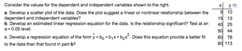 **Consider the values for the dependent and independent variables shown:**

| x  | y   |
|---|---|
| 5  | 10 |
| 15 | 13 |
| 40 | 25 |
| 50 | 44 |
| 60 | 78 |
| 80 | 113 |

a. **Develop a scatter plot of the data.**  
   Does the plot suggest a linear or nonlinear relationship between the dependent and independent variables?

b. **Develop an estimated linear regression equation for the data.**  
   Is the relationship significant? Test at an α = 0.05 level.

c. **Develop a regression equation of the form** \( \hat{y} = b_0 + b_1x + b_2x^2 \).  
   Does this equation provide a better fit to the data than that found in part b?