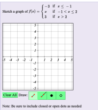 Sketch a graph of f(x) :
-3 if a< -1
if -1<z< 2
if z> 2
5-
4
2
5 4 -3 -2 -1
1 2 3 4
-2
-3
-5-
