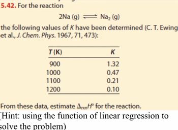 5.42. For the reaction
2Na (g) = Na₂ (g)
the following values of K have been determined (C. T. Ewing
et al., J. Chem. Phys. 1967, 71, 473):
T(K)
900
1000
1100
1200
K
1.32
0.47
0.21
0.10
From these data, estimate AxH for the reaction.
(Hint: using the function of linear regression to
solve the problem)