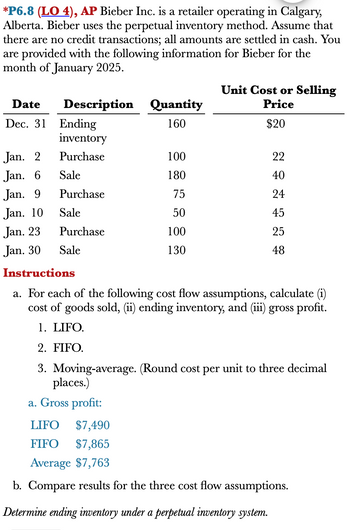 *P6.8 (LO 4), AP Bieber Inc. is a retailer operating in Calgary,
Alberta. Bieber uses the perpetual inventory method. Assume that
there are no credit transactions; all amounts are settled in cash. You
are provided with the following information for Bieber for the
month of January 2025.
Date
Dec. 31
Jan. 2
Jan. 6
Jan. 9
Jan. 10
Jan. 23
Jan. 30
Description
Ending
inventory
Purchase
Sale
Purchase
Sale
Purchase
Sale
Quantity
160
100
180
75
50
100
130
Unit Cost or Selling
Price
$20
22
40
24
45
25
48
Instructions
a. For each of the following cost flow assumptions, calculate (i)
cost of goods sold, (ii) ending inventory, and (iii) gross profit.
1. LIFO.
2. FIFO.
3. Moving-average. (Round cost per unit to three decimal
places.)
a. Gross profit:
LIFO $7,490
FIFO $7,865
Average $7,763
b. Compare results for the three cost flow assumptions.
Determine ending inventory under a perpetual inventory system.