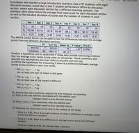 Ald/Scho...
Grad Schools
A professor who teaches a large introductory statistics class (197 students) with eight
discussion sections would like to test if student performance differs by discussion
section, where each discussion section has a different teaching assistant. The
summary table below shows the average final exam score for each discussion section
as well as the standard deviation of scores and the number of students in each
section.
Sec 1
Sec 2 Sec 3
Sec 4
Sec 5
Sec 6
Sec 7
Sec 8
nj
33
19
10
29
33
10
32
31
Xi 92.94
91.11
91.8
92.45
89.3
88.3
90.12
93.45
Si
4.21
5.58
3.43
5.92
9.32
7.27
6.93
4.57
The ANOVA output below can be used to test for differences between the average
Scores from the different discussion sections.
Df
Sum Sq Mean Sq F value Pr(>F)
section
7
525.01
75
1.87
0.0767
residuals
189
7584.11
40.13
Conduct a hypothesis test to determine if these data provide convincing evidence
that the average score varies across some (or all) groups. Check conditions and
describe any assumptions you must make to proceed with the test.
(a) Write the hypotheses for evaluating if there is a difference between average
Scores across sections in your own words.
O Ho: H1 = = ... = H8
Ha: At least one pair of means is the same
O Ho: µ1 = P2 = ... = P8
Ha: At least one of the means is different
O Ho: H1 = P2 = ...
= 48
Ha: µ1 * P2 # ... ² µg
(b) Assume that the conditions required for this inference are satisfied.
(c) What is the test statistic associated with this ANOVA test?
(please round to two decimal places)
(d) What is the p-value associated with this ANOVA test?
(please round to four decimal places)
(e) Interpret the conclusion of the test in the context of the study:
O Since p 2 0.05, there is enough evidence to claim a difference in average scores
across the different sections
O Since p 2 0.05, there is no difference in average scores across the different
sections
O Since p is close to 0.05, we cannot make a decision
OSince p 005 we do not have onouab evidence to claim a difference in average
