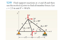 1.3-9 Find support reactions at A and B and then
use the method of joints to find all member forces. Let
c = 2.5 m and P = 90 kN.
y
P
C
2P
Oc = 80°
a
OB = 40°
OA = 600
D
A
В
2P
P
c/2-
cl2
