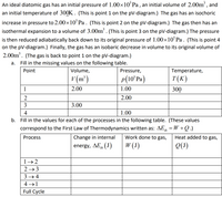 An ideal diatomic gas has an initial pressure of 1.00×10°Pa , an initial volume of 2.00m', and
an initial temperature of 300K. (This is point 1 on the pV-diagram.) The gas has an isochoric
increase in pressure to 2.00×10°P. . (This is point 2 on the pV-diagram.) The gas then has an
isothermal expansion to a volume of 3.00m'. (This is point 3 on the pV-diagram.) The pressure
is then reduced adiabatically back down to its original pressure of 1.00×10°P.. (This is point 4
on the pV-diagram.) Finally, the gas has an isobaric decrease in volume to its original volume of
2.00m. (The gas is back to point 1 on the pV-diagram.)
а.
Fill in the missing values on the following table.
Point
Volume,
Pressure,
Temperature,
v (m²)
p(10ʻPA)
T(K)
1
2.00
1.00
300
2
2.00
3
3.00
4
1.00
b. Fill in the values for each of the processes in the following table. (These values
correspond to the First Law of Thermodynamics written as: AE, =W +Q.)
Process
Change in internal
Work done to gas,
Heat added to gas,
energy, AE, (J)
W (3)
Q(1)
'th
1→ 2
2 → 3
3 → 4
4 →1
Full Cycle
