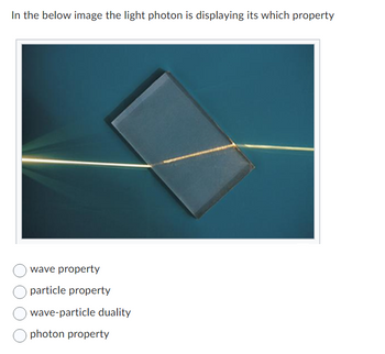 In the below image the light photon is displaying its which property
wave property
particle property
wave-particle duality
photon property