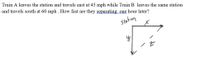 **Problem:** Train A leaves the station and travels east at 45 mph, while Train B leaves the same station and travels south at 60 mph. How fast are they separating one hour later?

**Diagram Explanation:**
The diagram illustrates a right triangle where:
- The horizontal line \( x \) represents the eastward distance traveled by Train A.
- The vertical line \( y \) represents the southward distance traveled by Train B.
- The hypotenuse \( z \) represents the distance between the two trains.

**Calculations:**

After one hour:
- Train A has traveled \( 45 \) miles east.
- Train B has traveled \( 60 \) miles south.

The distance between the trains, \( z \), can be calculated using the Pythagorean theorem:

\[
z = \sqrt{x^2 + y^2} = \sqrt{45^2 + 60^2} = \sqrt{2025 + 3600} = \sqrt{5625} = 75 \, \text{miles}
\]

**Rate of Separation:**

To find how fast they are separating, we calculate the derivative of \( z \) with respect to time. Using the Pythagorean relation:

\[
z^2 = x^2 + y^2
\]

Differentiating both sides with respect to time \( t \):

\[
2z \frac{dz}{dt} = 2x \frac{dx}{dt} + 2y \frac{dy}{dt}
\]

Substitute the known values:
- \( x = 45 \) miles, \( \frac{dx}{dt} = 45 \) mph
- \( y = 60 \) miles, \( \frac{dy}{dt} = 60 \) mph
- \( z = 75 \) miles

\[
2(75) \frac{dz}{dt} = 2(45)(45) + 2(60)(60)
\]
\[
150 \frac{dz}{dt} = 4050 + 7200
\]
\[
150 \frac{dz}{dt} = 11250
\]
\[
\frac{dz}{dt} = \frac{11250}{150} = 75 \, \text{mph}
\]

Therefore, the trains are separating at a rate of 75 mph after one