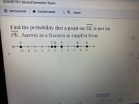 **Geometry: Second Semester Exam**

**Question 5:**

Find the probability that a point on \( \overline{SK} \) is not on \( \overline{PK} \). Answer as a fraction in simplest form.

**Diagram Explanation:**

The diagram is a number line with labeled points:
- \( S \) at -10
- \( T \) at -2
- \( H \) at 0
- \( P \) at 4
- \( R \) at 8
- \( K \) at 10

The number line goes from -10 to 10 with the points \( S \), \( T \), \( H \), \( P \), \( R \), and \( K \) marked as indicated. You are asked to find the probability that a random point chosen on the line segment \( \overline{SK} \) (from \( S \) at -10 to \( K \) at 10) does not lie on \( \overline{PK} \) (from \( P \) at 4 to \( K \) at 10).

To solve the problem:
1. Calculate the total length of \( \overline{SK} \).
2. Calculate the length of \( \overline{PK} \).
3. Subtract the length of \( \overline{PK} \) from the total length of \( \overline{SK} \) to find the length that is not on \( \overline{PK} \).
4. Find the probability by dividing the length not on \( \overline{PK} \) by the total length of \( \overline{SK} \).

Calculation steps:
1. Length of \( \overline{SK} \) = \( K - S = 10 - (-10) = 20 \)
2. Length of \( \overline{PK} \) = \( K - P = 10 - 4 = 6 \)
3. Length not on \( \overline{PK} \) = \( 20 - 6 = 14 \)

Probability = \( \frac{14}{20} = \frac{7}{10} \)

So, the probability that a point on \( \overline{SK} \) is not on \( \overline{PK} \) is \( \frac{7}{10} \).