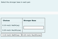 Select the stronger base in each pair.
Choices
Stronger Base
0.10 mol/L NaOH(aq)
0.20 mol/L Na2SO3(aq)
0.10 mol/L NaOH(aq)
0.20 mol/L Na2SO3(aq)
