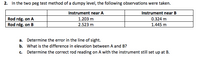 2. In the two peg test method of a dumpy level, the following observations were taken.
Instrument near A
Instrument near B
Rod rdg. on A
Rod rdg. on B
0.324 m
1.445 m
1.203 m
2.523 m
a. Determine the error in the line of sight.
b. What is the difference in elevation between A and B?
c. Determine the correct rod reading on A with the instrument still set up at B.
