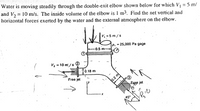 Water is moving steadily through the double-exit elbow shown below for which V = 5 m/
and V, = 10 m/s. The inside volume of the elbow.is 1 m3. Find the net vertical and
horizontal forces exerted by the water and the external atmosphere on the elbow.
V, = 5 m /s
Р,
- 25,000 Ра gage.
-0.5m-
Vz- 10 m/s
10.18m
Free jet
0.2 m
Fgee jet
45°
