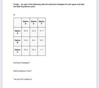 Finally... for each of the following state the dominant strategies for each game and state
the Nash Equilibrium point
9)
Option
Option Option
E
F
Option
16, 0
14, 2
17, 1
A
Option
13, 0
9, 2
15, 1
В
Option
15, 0
10, 2
1, 1
C
Dominant Strategies?
Nash Equilibrium Point?
The pay-off is highest at...
