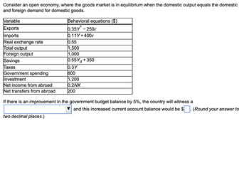 Consider an open economy, where the goods market is in equilibrium when the domestic output equals the domestic
and foreign demand for domestic goods.
Variable
Exports
Imports
Real exchange rate
Total output
Foreign output
Savings
Taxes
Government spending
Investment
Net income from abroad
Net transfers from abroad
Behavioral equations ($)
*
0.35Y - 250€
0.11Y+ 400€
two decimal places.)
0.55
1,500
1,000
0.55Y+350
0.3Y
800
1,200
0.2NX
200
If there is an improvement in the government budget balance by 5%, the country will witness a
and this increased current account balance would be $
(Round your answer to