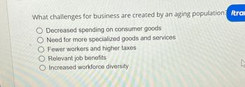 What challenges for business are created by an aging population? Itra
O Decreased spending on consumer goods
O Need for more specialized goods and services
O Fewer workers and higher taxes
O Relevant job benefits
O Increased workforce diversity
23