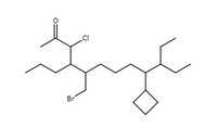 ## Structural Representation of an Organic Compound

### Description

The image displays the skeletal structure of an organic compound. Key features of the compound include:

- **Functional Groups:**
  - A ketone group represented by a carbonyl (C=O) attached to a chlorine atom (Cl).
  - A bromine atom (Br) is attached to one of the carbon chains.

- **Carbon Chain:**
  - The main carbon backbone consists of several carbon atoms connected in a linear and branched manner.
  - A cyclobutane ring (a four-membered carbon ring) is present in the structure.

### Explanation of the Structure

- **Complexity of the Structure:**
  - The organic compound contains a variety of functional groups and structural features, making it a complex molecule.
  - The presence of halogen atoms like chlorine and bromine suggests possible reactivity and specific chemical properties.

- **Uses and Relevance:**
  - Such complex organic molecules may be relevant in fields like pharmaceuticals, organic synthesis, and materials science.
  - Understanding the structural formula is crucial for chemists to predict the behavior and reactivity of the compound.

This diagram serves as an educational tool for understanding the arrangement of atoms within an organic molecule and the implications of its structural features.