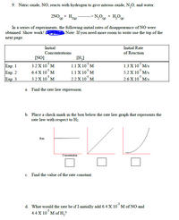 **Nitric Oxide Reaction Study**

**9. Study of the Reaction:**
Nitric oxide (NO) reacts with hydrogen (H₂) to form nitrous oxide (N₂O) and water (H₂O), following the chemical equation:
\[ \text{2NO}_{(g)} + \text{H}_2{_{(g)}} \rightarrow \text{N}_2\text{O}_{(g)} + \text{H}_2\text{O}_{(g)} \]

**Experimental Data:**
In a series of experiments, the initial rates of disappearance of NO were recorded as shown below. 

\[
\begin{array}{|c|c|c|c|}
\hline
\text{} & \text{Initial Concentrations} & \text{} & \text{Initial Rate of Reaction} \\
\hline
\text{} & \left[\text{NO}\right] & \left[\text{H}_2\right] & \text{} \\
\hline
\text{Exp. 1} & \text{3.2 X 10}^{-3} \text{M} & \text{1.1 X 10}^{-3} \text{M} & \text{1.3 X 10}^{-5} \text{M/s} \\
\hline
\text{Exp. 2} & \text{6.4 X 10}^{-3} \text{M} & \text{1.1 X 10}^{-3} \text{M} & \text{5.2 X 10}^{-5} \text{M/s} \\
\hline
\text{Exp. 3} & \text{3.2 X 10}^{-3} \text{M} & \text{2.2 X 10}^{-3} \text{M} & \text{2.6 X 10}^{-5} \text{M/s} \\
\hline
\end{array}
\]

**Tasks:**

**a. Determination of the Rate Law Expression:**
To find the rate law expression for this reaction, analyze the changes in the initial concentrations and their corresponding rates.

**b. Identification of the Rate Law Graph:**
Three graphs are provided that represent potential rate laws with respect