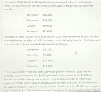 The owner of Madison Pratt Designs is planning to request a line of credit from her
bank She has estimated the following sales forecasts for the firm for the following
months:
November
$30,000
December $24,000
January $19,000
February
$21,000
Collection of sales is expected to be as follows: 20% within the month of sale; 70% the
month following the sale; and 10% the second month following the sale. Total labor and
raw materials costs are expected to be incurred as follows:
November
$12,000
December $9,500
January $10,500
February $13,000
These labor and raw materials costs (above) are paid for the month after they are
incurred. Salaries cost the firm $4,000 per month; lease payments are $1000 per
month; depreciation charges are expected to be $600 per month; an income tax
payment of $900 will be made in January; and a payment of $1500 for advertising will
be made in February. Cash on hand on January 1st will amount to $2,000, and a target
cash balance of $10.000 will be maintained throughout the cash budget period. Prepare