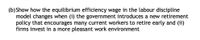 (b) Show how the equilibrium efficiency wage in the labour discipline
model changes when (i) the government introduces a new retirement
policy that encourages many current workers to retire early and (ii)
firms invest in a more pleasant work environment
