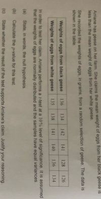 Ariane has geese on her farm. She claims the meah weight of eggs from her black geese is
less than the mean weight of eggs from her white geese.
She recorded the weights of eggs, in grams, from a random selection of geese. The data is
shown in the table.
Weights of eggs from black geese
136
134
142
141
128
126
Weights of eggs from white geese
135
138
141
140
136
134
In order to test her claim, Arriane performs a t-test at a 10% level of significance. It is assumed
that the weights of eggs are normally distributed and the samples have equal variances.
(a) State, in words, the null hypothesis.
(b) Calculate the p-value for this test.
(c) State whether the result of the test supports Arriane's claim. Justify your reasoning.

