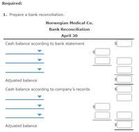 Required:
1. Prepare a bank reconciliation.
Norwegian Medical Co.
Bank Reconciliation
April 30
Cash balance according to bank statement
Adjusted balance
Cash balance according to company's records
Adjusted balance
%24
%24
