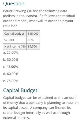 Question:
Bauer Brewing Co. has the following data
(dollars in thousands). If it follows the residual
dividend model, what will its dividend payout
ratio be?
Capital budget $15,000
% Debt
55%
Net income (NI) $9,000
a. 25.00%
b. 30.00%
c. 45.00%
d. 60.00%
e. 75.00%
Capital Budget:
Capital budget can be explained as the amount
of money that a company is planning to incur on
its capital assets. A company can finance its
capital budget internally as well as through
external sources.