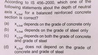 According to IS 456-2000, which one of the
following statements about the depth of neutral
axis Xu,bal
for a balanced reinforced concrete
section is correct?
(a)
Xu.bal depends on the grade of concrete only
(b)
Xu.bal depends on the grade of steel only
(c)
Xu.bal depends on both the grade of concrete
and grade of steel
does not depend on the grade of
concrete and grade of steel
(d)
Xu,bal
