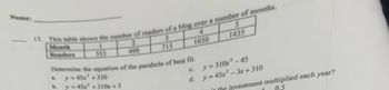 Name:
13. This table shows the number of readers of a blog over a number of months.
1
3
355
715
Month
Readers
2
490
b.
1030
Determine the equation of the parabola of best fit.
y=45x² + 310
y=45x² +310x +3
5
1435
C.
y=310x²-45
d. y = 45x²-3x + 310
in the investment multiplied each year?
0.5