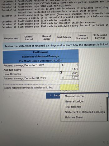 December 9 FastForward rece: ves
December 10 Fast Forward pays CalTech Supply $900 cash as partial payment for its
December 11 Fast Forward pays $200 cash for. dividends.
December 12
Fast Forward receives $3,000 cash in advance of providing consulting
record fees collected in advance in a balance sheet account.
December 13
Fast Forward pays $2,400 cash (insurance premium) for a 24-month insu
company's policy is to record all prepaid expenses in a balance shee
December 14 Fast Forward pays $120 cash for supplies.
December 15 Fast Forward pays $305 cash for December utilities expense.
December 16 Fast Forward pays $700 cash in employee salary for work performed in
St Retained
Earnings
Review the statement of retained earnings and indicate how the statement is linked t
Requirement
General
Journal
General
Ledger
FastForward
Statement of Retained Earnings
For Month Ended December 31, 2021
$
Retained earnings, December 1, 2021
Add: Net income
Less: Dividends
Retained earnings, December 31, 2021
Trial Balance
Ending retained earnings is transferred to the:
< Incor
$
Income
Statement
0
3,470
(200)
3,270
ww
General Journal
General Ledger
Trial Balance
Statement of Retained Earnings
Balance Sheet
<P