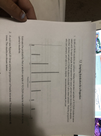 1. 52.8% of CSUN students are Latina/o. Ninety-nine random samples of 10 CSUN students were
taken and, for each sample, the proportion who were Latina/o was recorded in this dotplot.
Another random sample of CSUN students included 7 who were Latina/o. Find the proportion
who are Latina/o, and add it to the dotplot. www.csun.edu/sites/default/files/profile_2019_0.pdf
04
0.6
Proportion Latina/o
0.2
0.8
Estimate the probability that a random sample of 10 CSUN students will contain 8 or more
Latina/o students.
