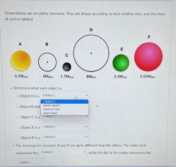 Drawn below are six stellar remnants. They are drawn according to their relative sizes, and the mass
of each is labeled.
A
0.2Msun
•
. Determine what each object is.
Object A is a
. Object B and
B
[Select]
4Moun 1.7Mun
C
[Select]
[Select]
white dwarf
7
D
8Msun
E
2.4Msun
F
0.05Mun
neutron star
black hole
Select]
Object C is a
Object E is a
[Select]
Object F is a [Select]
. The drawings for remnants B and D are quite different than the others. The outer circle
represents the [Select]
while the dot at the center represents the
