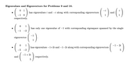 Eigenvalues and Eigenvectors for Problems 9 and 10.
0 1
-i
has eigenvalues i and -i along with corresponding eigenvectors
and
respectively.
(:).
1
has only one eigenvalue of –1 with corresponding eigenspace spanned by the single
-1
-2
-1
eigenvector
-1- 2i
1
has eigenvalues –1+2i and –1-2i along with corresponding eigenvectors
-5
-2
-1+ 2i
and
respectively.
5
