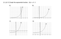 13. (LO 17) Graph the exponential function. Ax) = e*- 2
A)
B)
ist
1st
C)
D)
10
13
