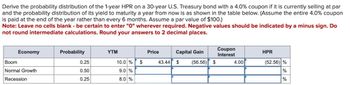 Derive the probability distribution of the 1-year HPR on a 30-year U.S. Treasury bond with a 4.0% coupon if it is currently selling at par
and the probability distribution of its yield to maturity a year from now is as shown in the table below. (Assume the entire 4.0% coupon
is paid at the end of the year rather than every 6 months. Assume a par value of $100.)
Note: Leave no cells blank - be certain to enter "0" wherever required. Negative values should be indicated by a minus sign. Do
not round intermediate calculations. Round your answers to 2 decimal places.
Economy
Boom
Normal Growth
Recession
Probability
0.25
0.50
0.25
YTM
10.0 % $
9.0 %
8.0 %
Capital Gain
43.44 $ (56.56)
Price
$
Coupon
Interest
4.00
HPR
(52.56) %
%
%