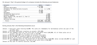 On January 1, Year 1, the general ledger of a company includes the following account balances:
Accounts
Cash
Accounts Receivable
Allowance for Uncollectible Accounts
Debit
Credit
$ 25,600
47,200
$ 4,700
Inventory
Land
20,500
51,000
17,500
Equipment
Accumulated Depreciation
Accounts Payable
Notes Payable (6%, due April 1, Year 2)
Common Stock
Retained Earnings
2,000
29,000
55,000
40,000
31,100
$161,800
Totals
$161,800
During January Year 1, the following transactions occur:
2 Sold gift cards totaling $9,000. The cards are redeemable for merchandise within one year of the
purchase date.
January
January 6 Purchase additional inventory on account, $152,000.
January 15 The comapany sales for the first half of the month total $140,000. All of these sales are on
account. The cost of the units sold is $76,300.
January 23 Receive $125,900 from customers on accounts receivable.
January 25 Pay $95,000 to inventory suppliers on accounts payable.
January 28 Write off accounts receivable as uncollectible, $5,300.
January 30 The comapany sales for the second half of the month total $148,000. Sales include $10,000 for cash
and $138,000 on account. The cost of the units sold is $82,000.
January 31 Pay cash for monthly salaries, $52,500.
