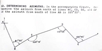 12. DETERMINING AZIMUTHS. In the accompanying figure, de-
termine the azimuth from north of lines BC, CD, DE, and EP
if the azimuth from south of 1ine AB is 325 22'.
113*05
09 45'
*30'
168 15'
