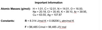 Important Information
Atomic Masses (g/mol): H = 1.01, C = 12.01, N = 14.01, O = 16.00,
%D
Ne = 20.18, CI = 35.45, K = 39.10, Ar = 39.95,
Cu = 63.55, Ag = 107.87
%3D
%3D
wwm
Constants:
R = 8.314 J/mol·K = 0.08206 L·atm/mol·K
%3D
ww m
www m
F = 96,485 C/mol = 96,485 J/V•mol
%3D
