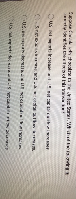 Suppose Canada sells chocolate to the United States. Which of the following
correctly identifies the effects of this transaction?
U.S. net exports increase, and U.S. net capital outflow increases.
U.S. net exports increase, and U.S. net capital outflow decreases.
U.S. net exports decrease, and U.S. net capital outflow increases.
U.S. net exports decrease, and U.S. net capital outflow decreases.