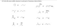 ### Exercise 4: Determining the More Stable Structure

Identify the more stable structure in each of the following pairs:

1. **Square vs. Chain**
   - A square structure is contrasted with a straight chain of four carbon atoms.

2. **Chair Conformation with Methyl Group**
   - A cyclohexane ring with a methyl group in axial position is compared to one with a methyl group in equatorial position.

3. **Carbon Chain Stability**
   - A three-carbon chain with a positive charge at the central carbon atom is compared to a similar structure with the positive charge at the terminal carbon.

4. **Carbon Chain with Methyl Group**
   - A three-carbon chain with a methyl group in a staggered conformation is compared against one in an eclipsed formation.

5. **Carbon Chain with Positive Charge**
   - A two-carbon chain with a positive charge is compared against a similar structure with a methoxy group (OCH3) attached to the carbon.

6. **Oxygen and Sulfur Stability**
   - A ketone (C=O) with negative charge on the oxygen is compared to a chain with negative charge on a sulfur atom.

7. **Alcohol vs. Ketone**
   - A chain with an alcohol group (OH) is compared to one with a ketone group (C=O).

8. **Anion Stability: Oxygen vs. Sulfur**
   - A four-carbon chain with a negatively charged oxygen is compared to a similar structure with a negatively charged sulfur.

9. **Alkene Chains**
   - Two structures, each with a four-carbon chain, one with a double bond at different positions.

Evaluate which structure in each pair is likely to be more stable based on factors such as electron distribution, steric hindrance, and molecular conformation.