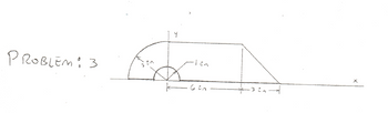 **Problem 3:**

The diagram presents a geometric figure that seems to be a composite shape. 

- The left side of the figure features a semicircle with a radius of 3 inches.
- The semicircle has a vertical height of 4 inches at the leftmost point.
- There is a rectangular section connected to the semicircle, stretching horizontally. The length of this rectangle is 6 inches.
- To the right of the rectangular section, there is a right triangle with a base of 3 inches.
- The horizontal axis is marked as "x."

Dimensions include:
- Radius of the semicircle: 3 inches.
- Length of the rectangle: 6 inches.
- Base length of the triangle: 3 inches.
- Total height from the base to the top of the rectangle: 4 inches. 

This illustration can be used for problems involving the calculation of area, perimeter, or other geometric analyses.