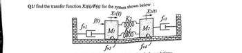 Q1/ find the transfer function X2(s)/F(s) for the system shown below :
Xı(t)
X2(t)
fvl
f(t)
Mi
fv2.
K2
0000
Ki
0000
M₂
fv4
C
holow