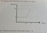 The diagram shows the speed-time graph of an object.
Speed m/s
18
6.
Time/s
10
13
(a) Find the acceleration of the object whent = 8.
