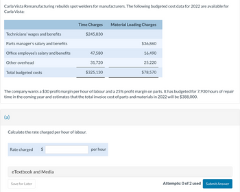 Carla Vista Remanufacturing rebuilds spot welders for manufacturers. The following budgeted cost data for 2022 are available for
Carla Vista:
Technicians' wages and benefits
Parts manager's salary and benefits
Office employee's salary and benefits
Other overhead
Total budgeted costs
(a)
Rate charged $
Time Charges Material Loading Charges
$245,830
Calculate the rate charged per hour of labour.
eTextbook and Media
Save for Later
47,580
31,720
$325,130
The company wants a $30 profit margin per hour of labour and a 25% profit margin on parts. It has budgeted for 7,930 hours of repair
time in the coming year and estimates that the total invoice cost of parts and materials in 2022 will be $388,000.
$36,860
16,490
per hour
25,220
$78,570
Attempts: 0 of 2 used
Submit Answer