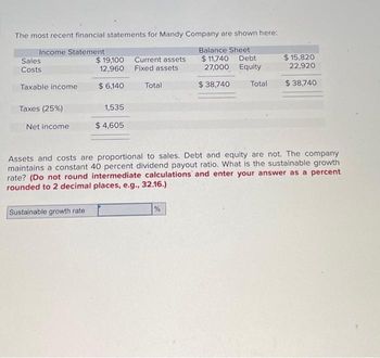 The most recent financial statements for Mandy Company are shown here:
Income Statement
Balance Sheet
$11,740 Debt
27,000 Equity
$ 38,740
Sales
Costs
Taxable income
Taxes (25%)
Net income
$19,100
12,960
$ 6,140
Sustainable growth rate
1,535
$ 4,605
Current assets
Fixed assets
Total
Total
Assets and costs are proportional to sales. Debt and equity are not. The company
maintains a constant 40 percent dividend payout ratio. What is the sustainable growth
rate? (Do not round intermediate calculations and enter your answer as a percent
rounded to 2 decimal places, e.g., 32.16.)
%
$15,820
22,920
$ 38,740