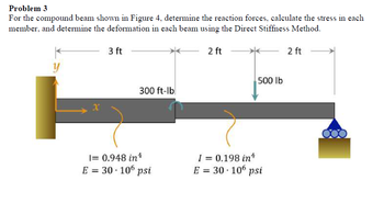 Problem 3
For the compound beam shown in Figure 4, determine the reaction forces, calculate the stress in each
member, and determine the deformation in each beam using the Direct Stiffness Method.
3 ft
2 ft
2 ft
y
500 lb
300 ft-lb
1= 0.948 in ¹
E = 30 106 psi
I = 0.198 in ¹
E = 30-106 psi