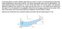 A reducing elbow is used to deflect water flow at a rate of 14 kg/s in a horizontal pipe upward 30°
while accelerating it (see picture below). The elbow discharges water into the atmosphere. The
cross-sectional area of the elbow is 113 cm? at the inlet and 7 cm? at the outlet. The elevation
difference between the centers of the outlet and the inlet is 30 cm. The weight of the elbow and
the water in it is considered to be negligible. Determine (a) the gage pressure at the center of the
inlet of the elbow and (b) the anchoring force needed to hold the elbow in place.
Assume the momentum flux correction factors B at both inlet and outlet equal to 1.03.
Patm
mV
F RZ
FR
30 cm
Rx
mV
30°
CV
P1.gage
