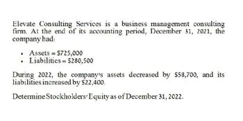 Elevate Consulting Services is a business management consulting
firm. At the end of its accounting period, December 31, 2021, the
company had:
Assets $725,000
Liabilities
$280,500
During 2022, the company's assets decreased by $58,700, and its
liabilities increased by $22,400.
Determine Stockholders' Equity as of December 31, 2022.